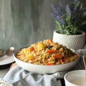 White bowl with Indian Veg Pulav