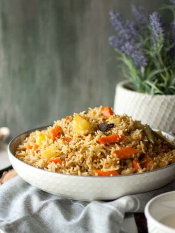 White bowl with Indian Veg Pulav