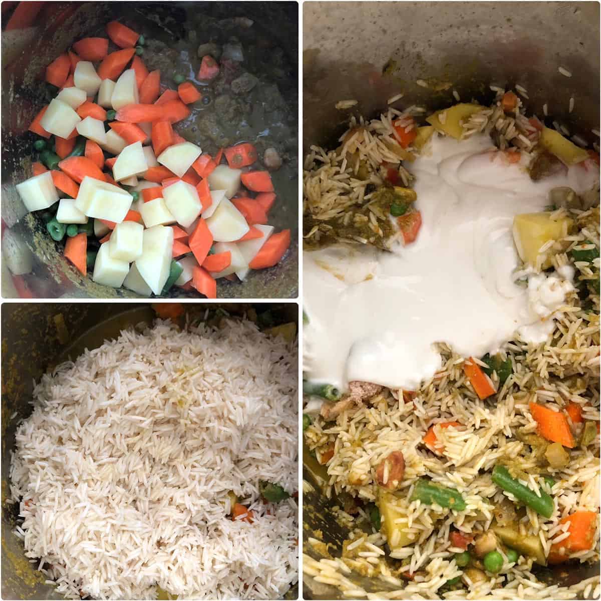 Adding veggies, rice, coconut and water to Instant Pot