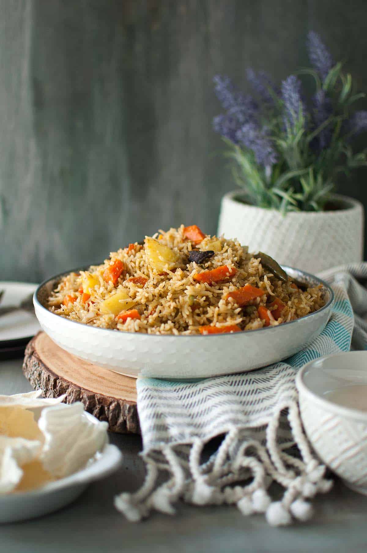 White bowl with Udupi Vegetable Pulao