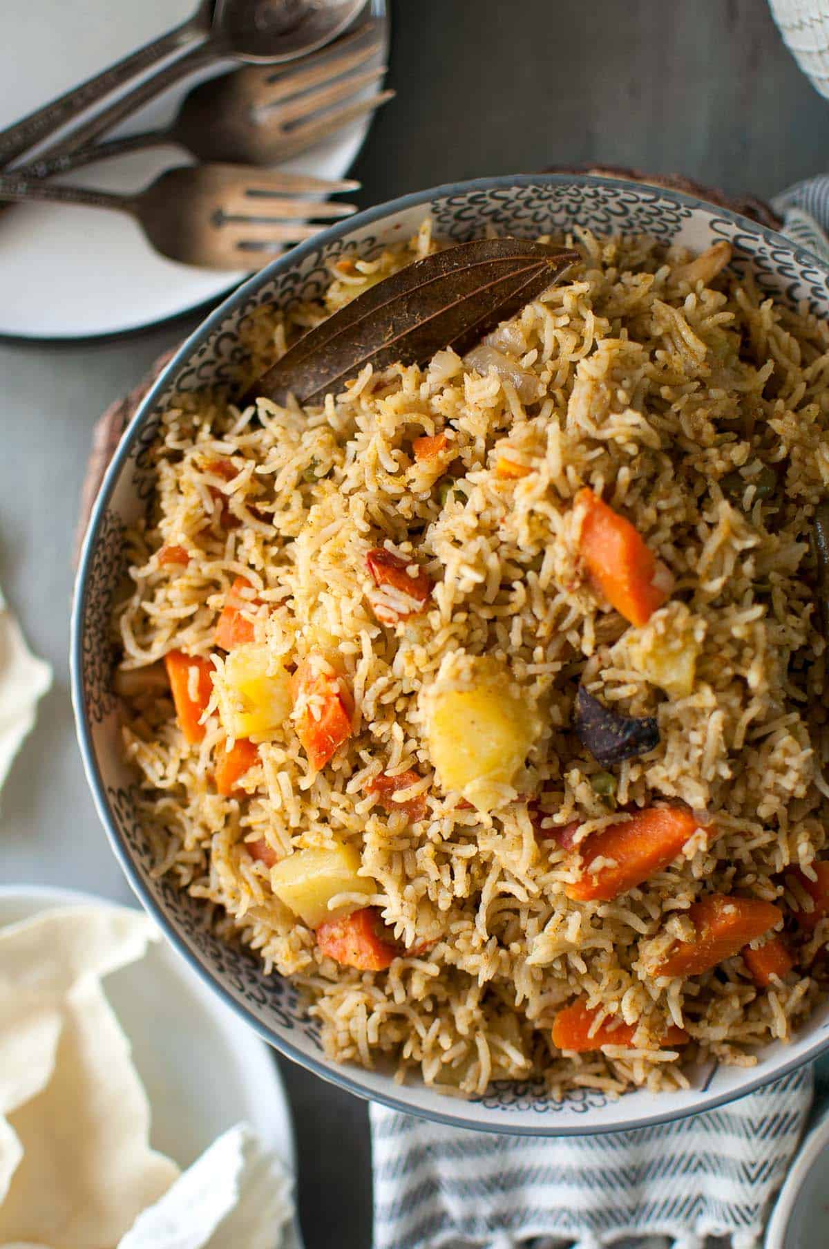 White bowl with Udupi Vegetable Pulao