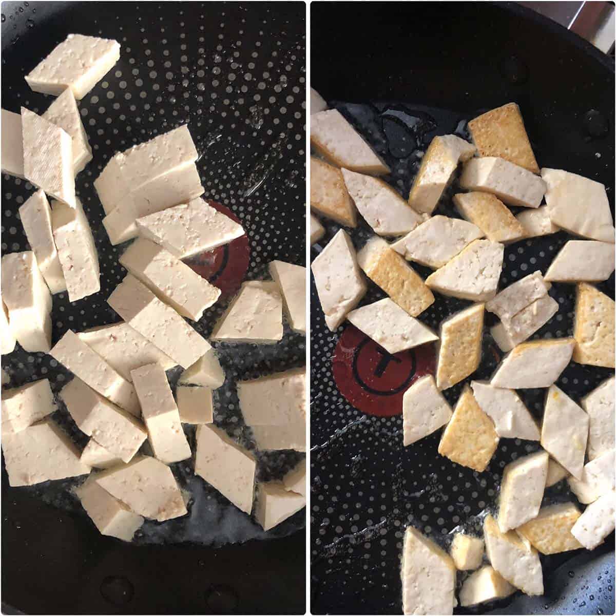 2 panel photo showing the sautéing of tofu in nonstick pan.