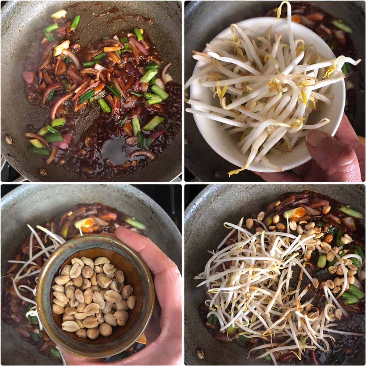 4 panel photo showing the simmering of sauce and addition of ingredients to a pan.