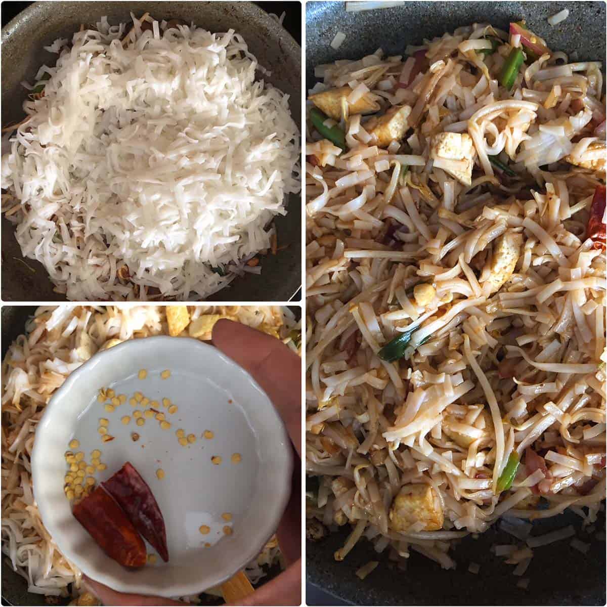 3 panel photo showing the addition of noodles and dry red chilies to the pan.
