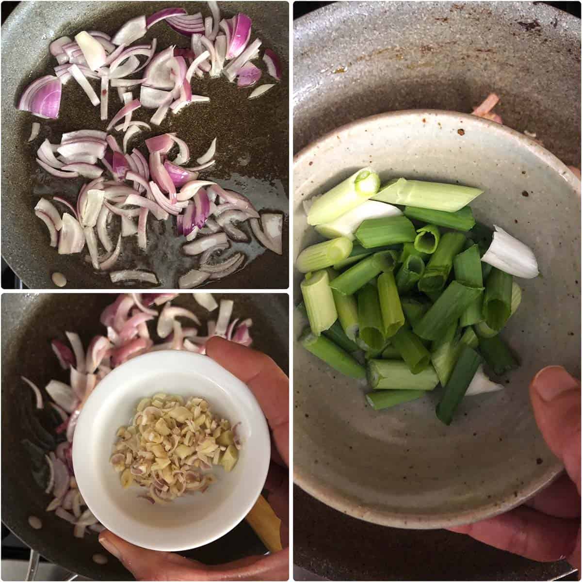 3 panel photo showing the sautéing of onions, garlic and scallions in a pan.