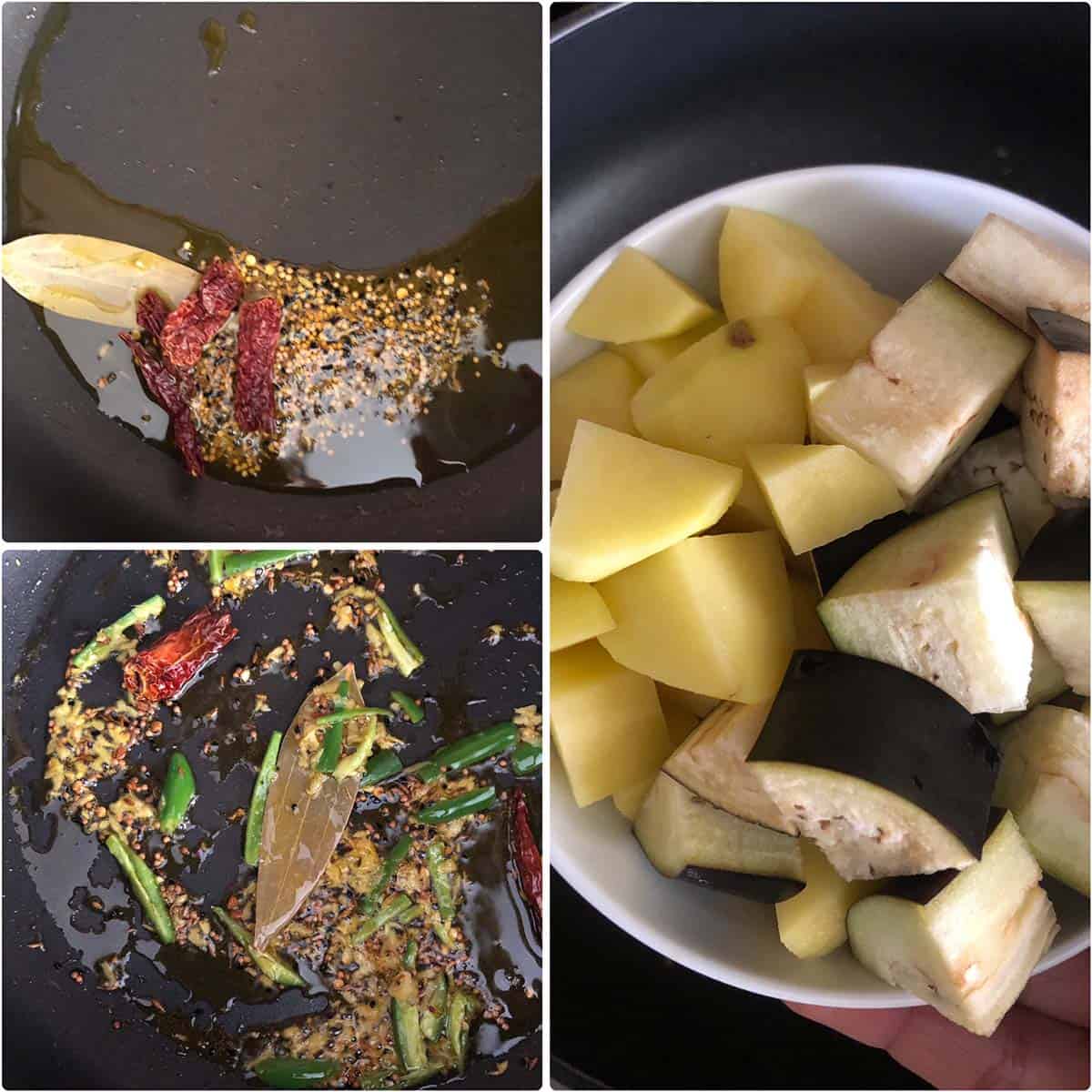 3 panel photo showing the sautéing spices and vegetables.