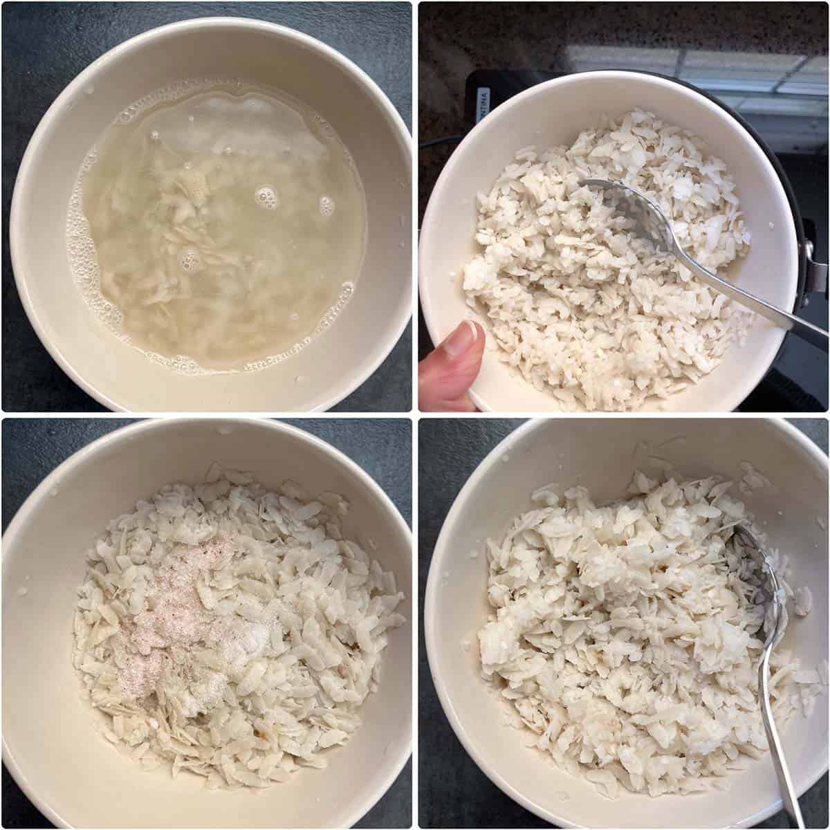 4 panel photo showing flattened rice being rinsed and drained.