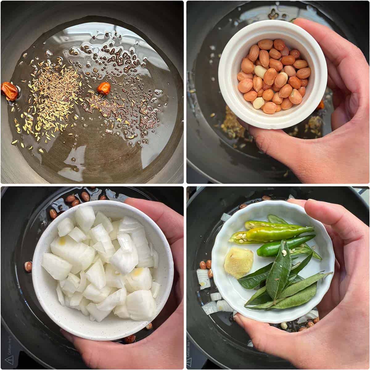 4 panel photo showing the sautéing of spices, peanuts, onions and curry leaves.