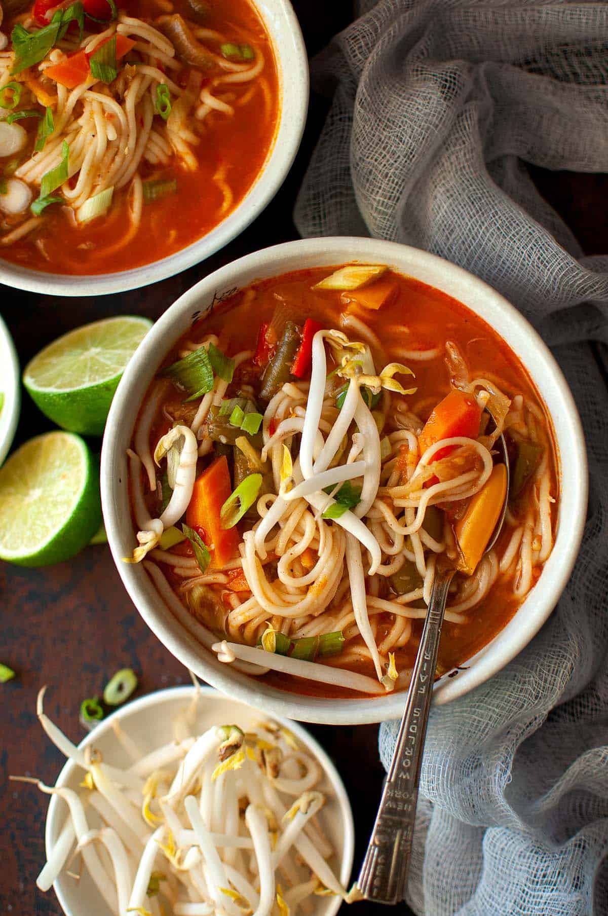 Top view of vegetable noodle soup