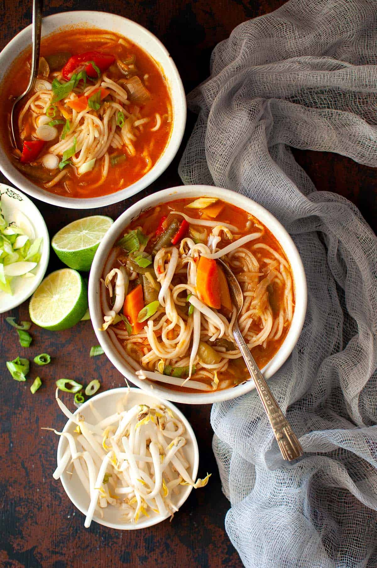 White bowls with Veg Thukpa noodle soup