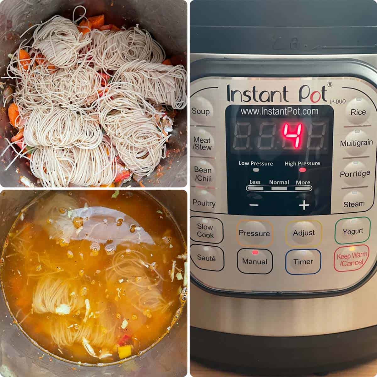 Adding noodles and water and cooking in Instant Pot