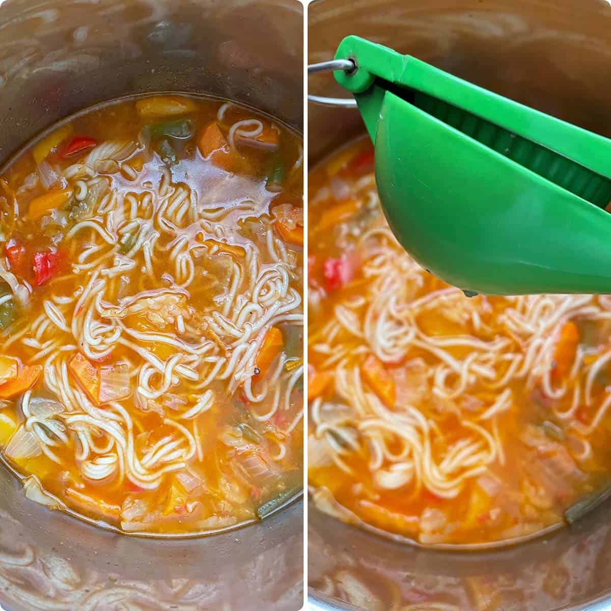 Cooked noodle soup drizzled with lemon juice