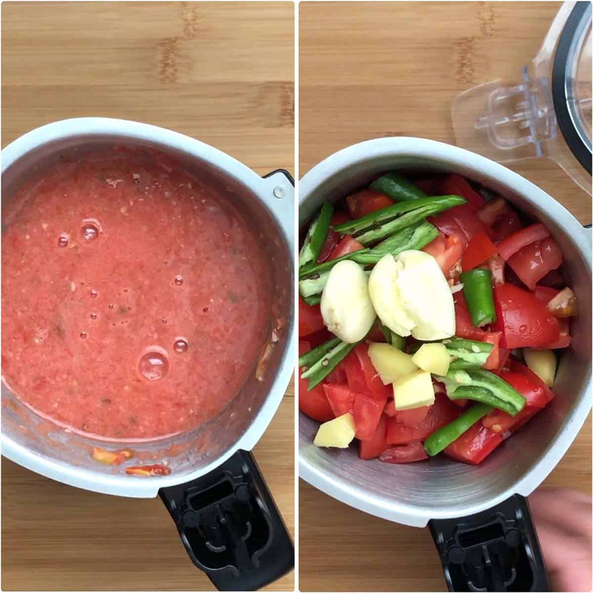 Blending tomatoes with chilies, ginger and garlic