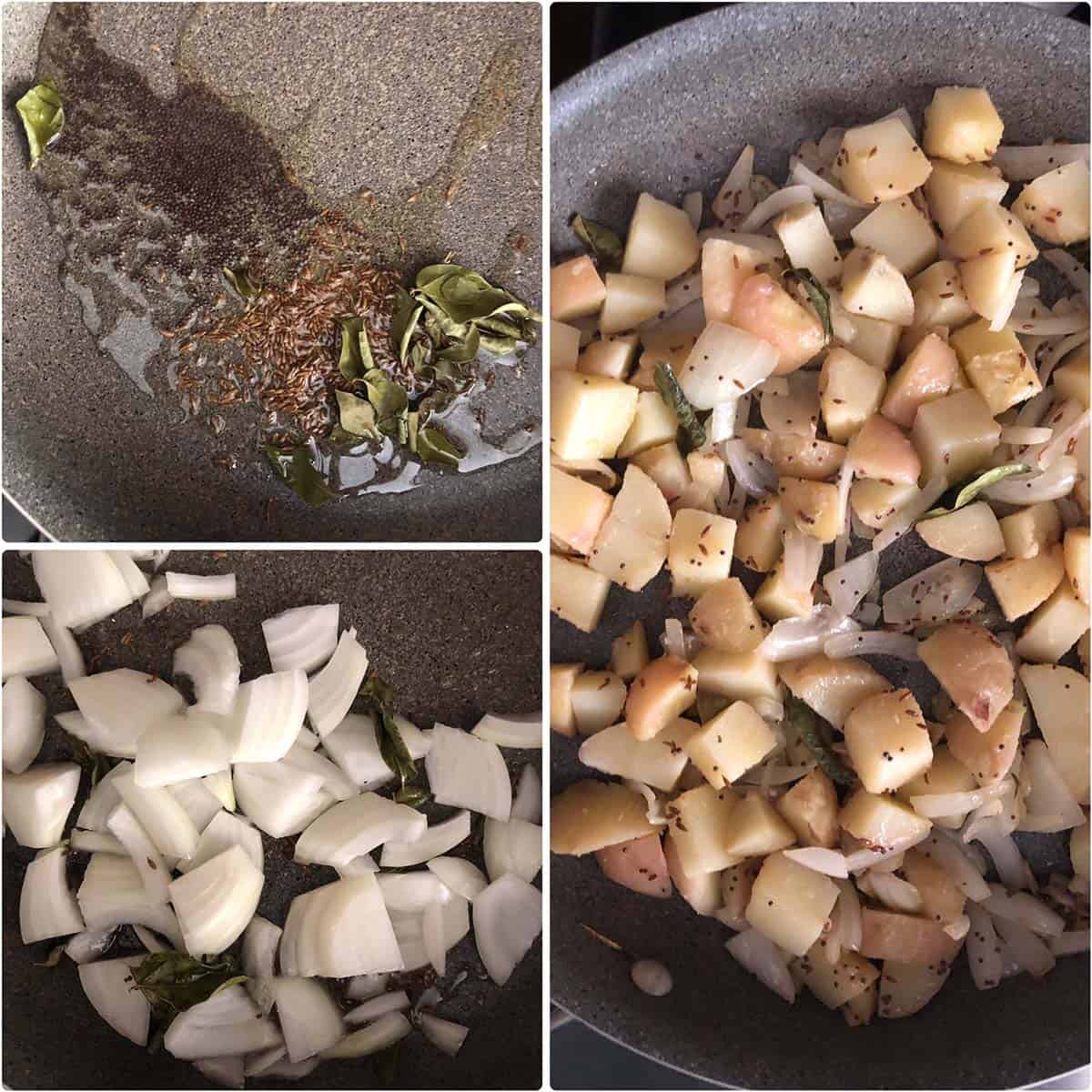 Cooking onions and potatoes in a nonstick pan