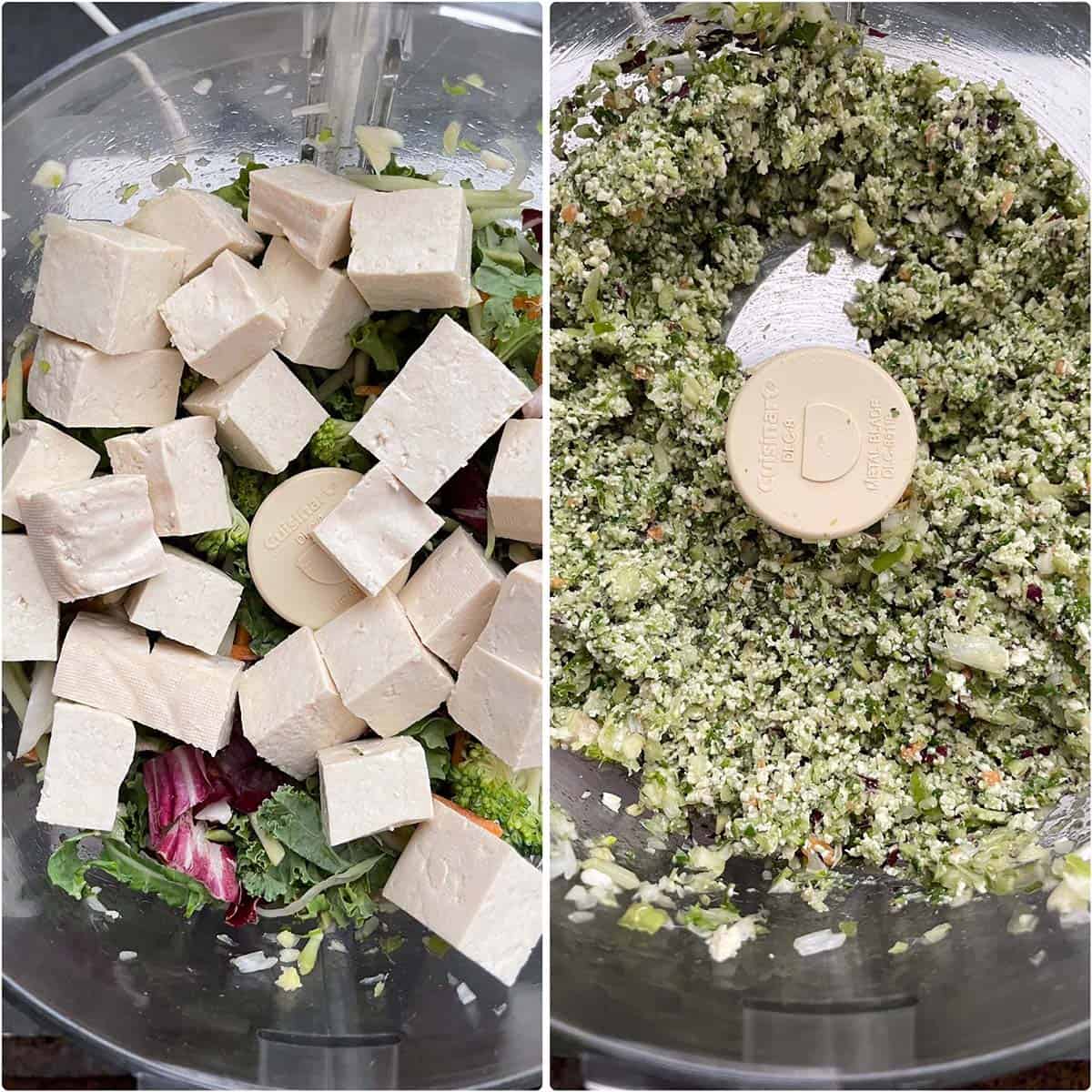 Food processor with veggies and tofu until chopped