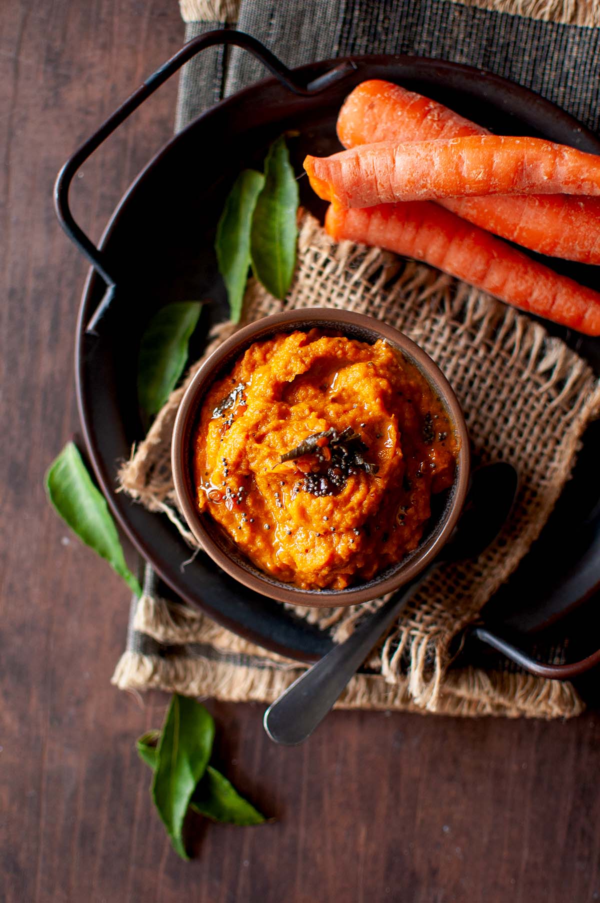 Top view of grey bowl with carrot chutney