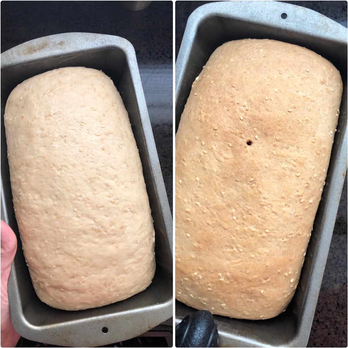 Side by side photos of the loaf before and after baking