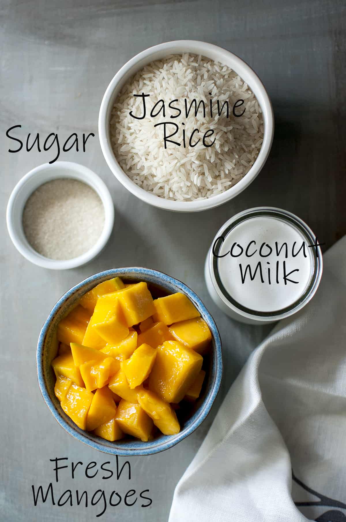 Ingredients - Jasmine rice, coconut milk, fresh mango and sugar