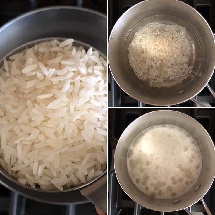 step by step photos showing jasmine rice being cooked in a saucepan