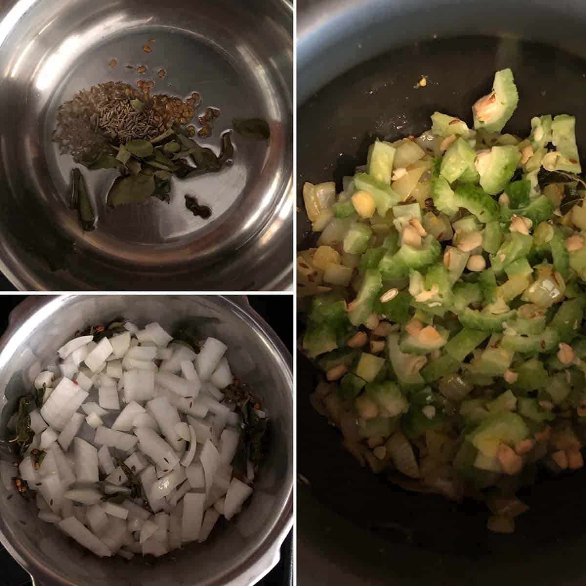 Cooking onions and salted karela in a pressure cooker