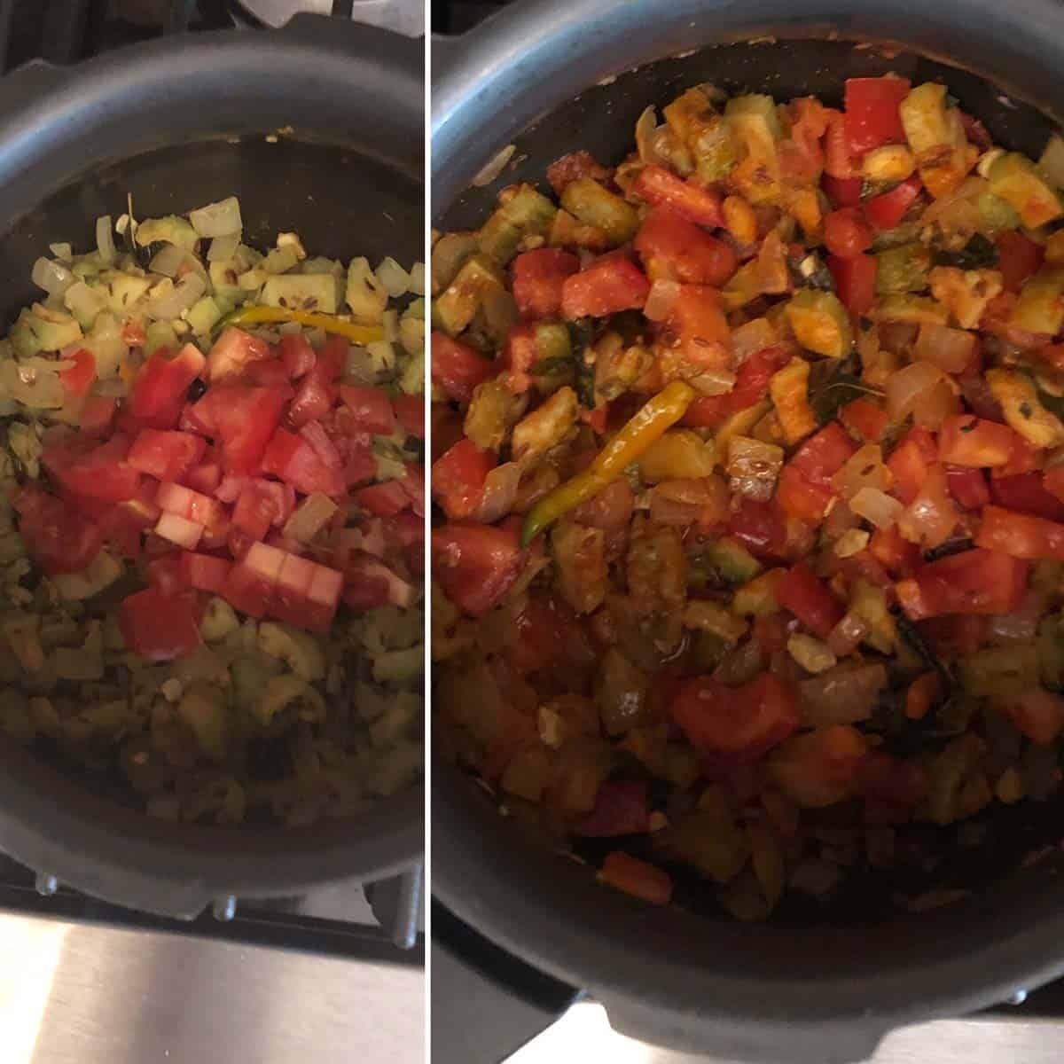 Adding tomatoes to karela ki sabji