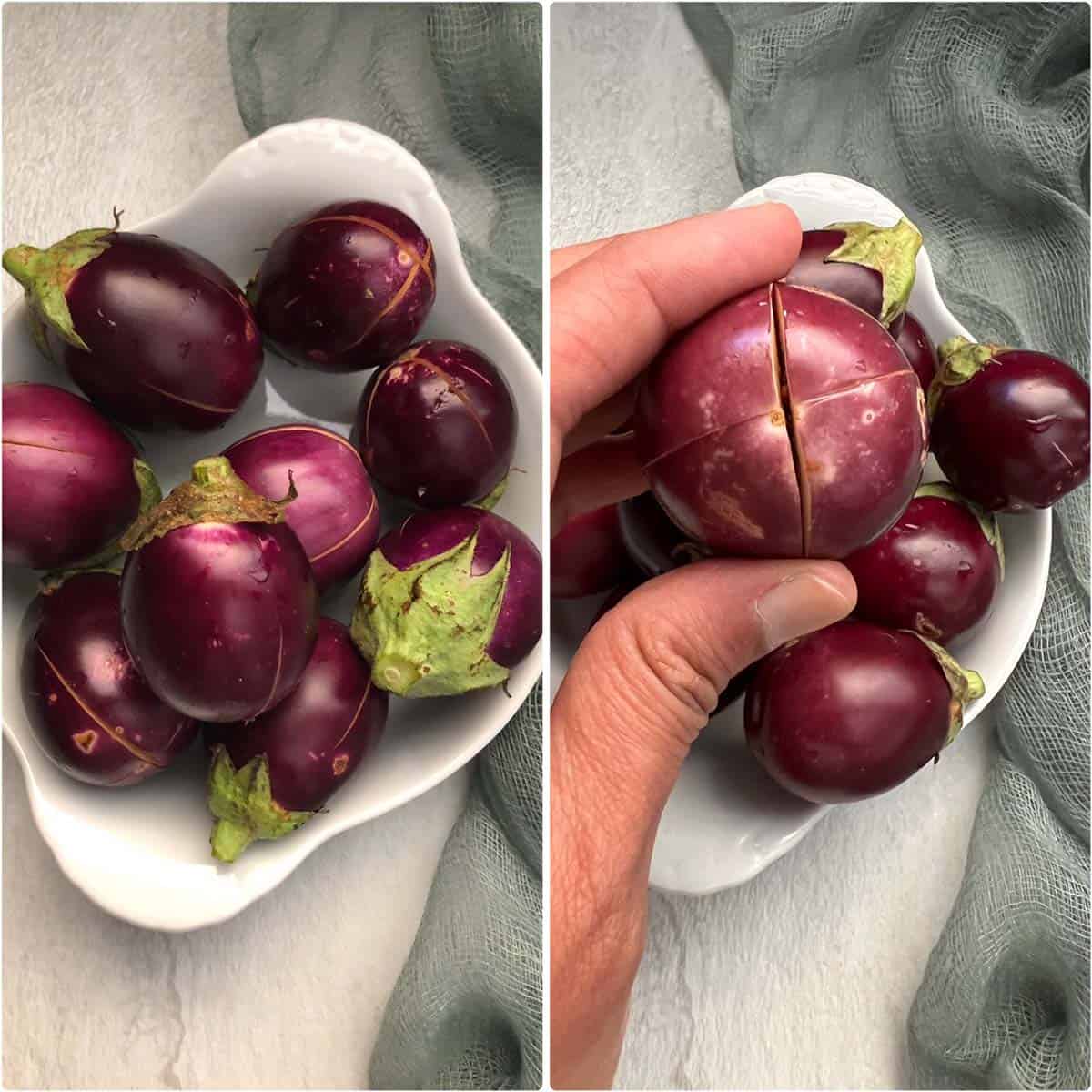 2 panel photo showing the prepping of eggplant.