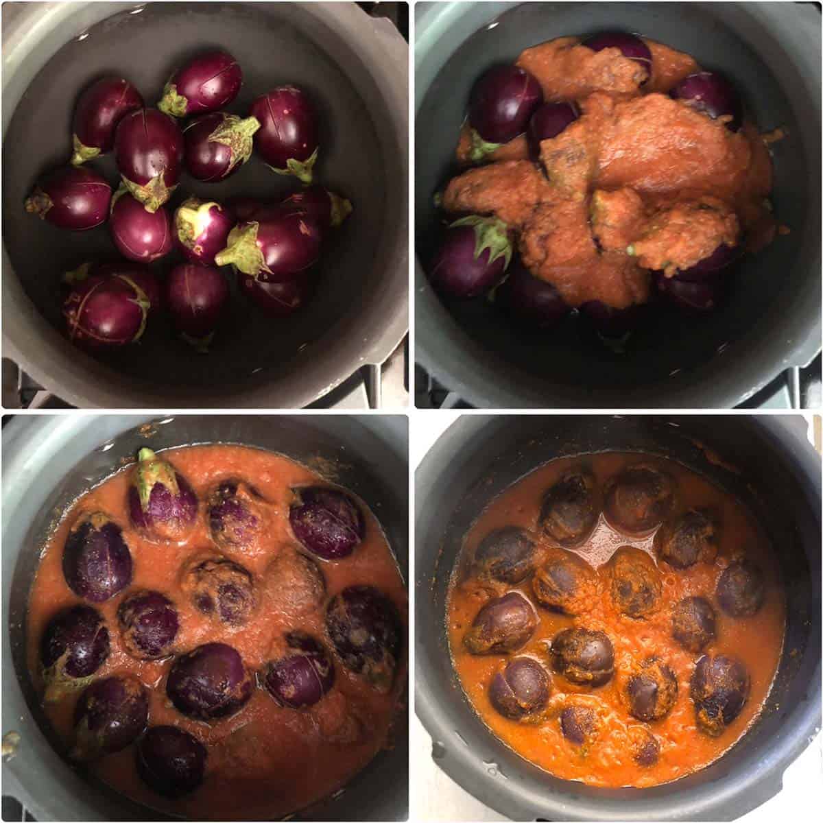 4 panel photo showing the pressure cooking of brinjal with spice paste.