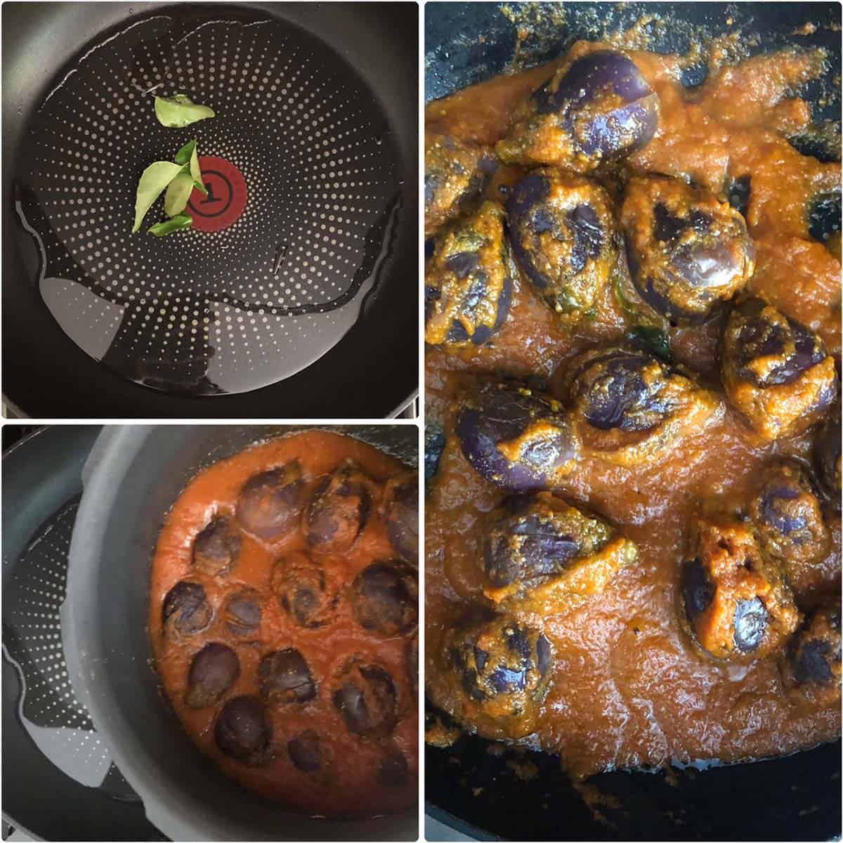 3 panel photo showing the sautéing of the brinjal.