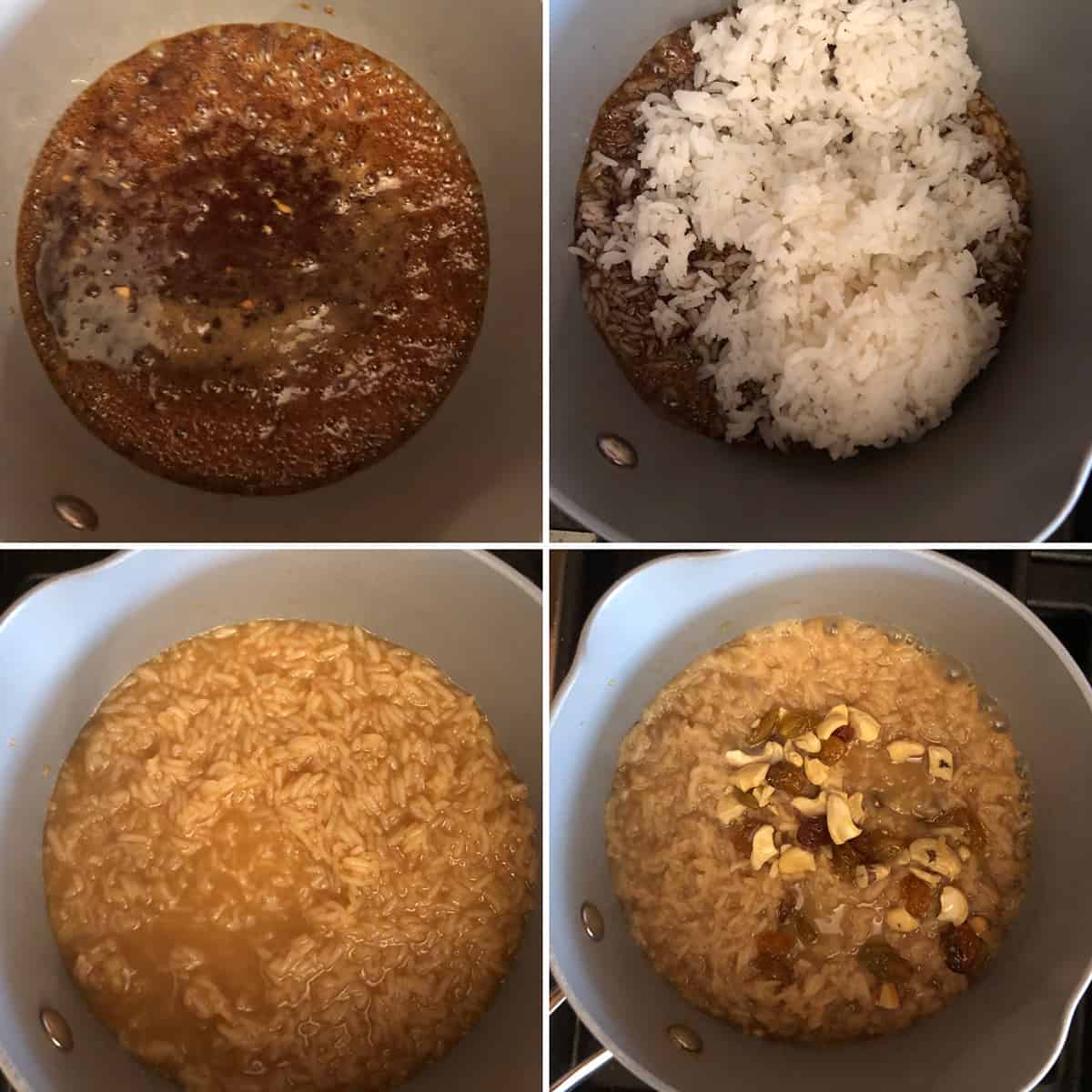 Step by step photos showing melted jaggery with rice added