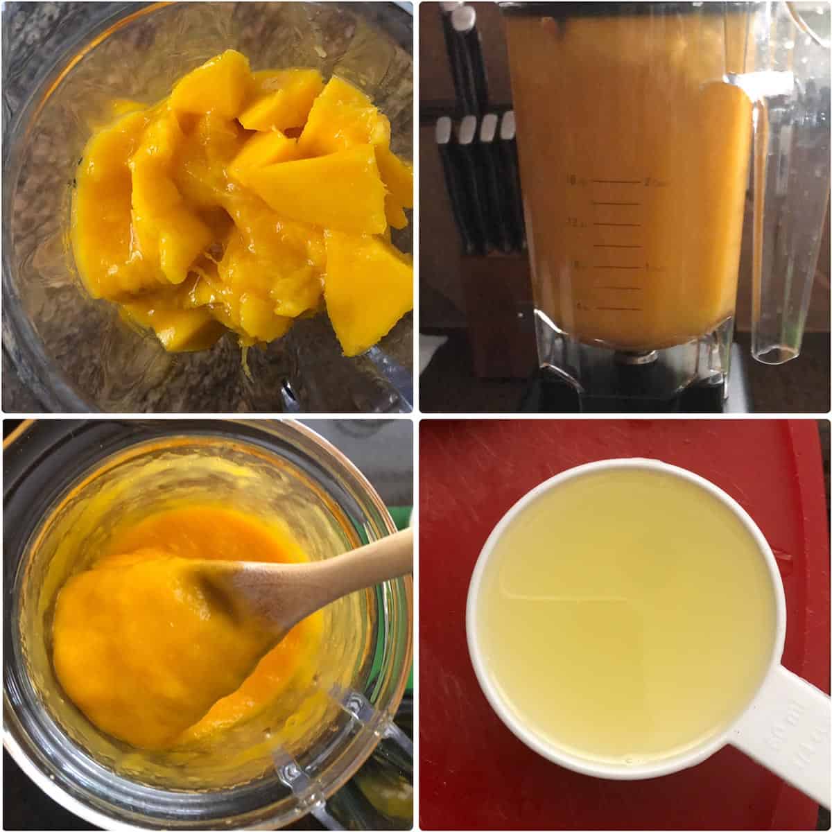 step by step photos showing chopped fruit being ground to puree and a measuring cup with lemon juice