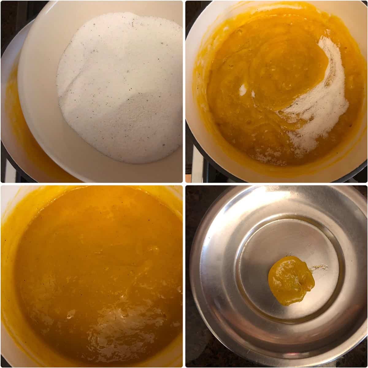 adding sugar to pan and cooking till mango jam sets