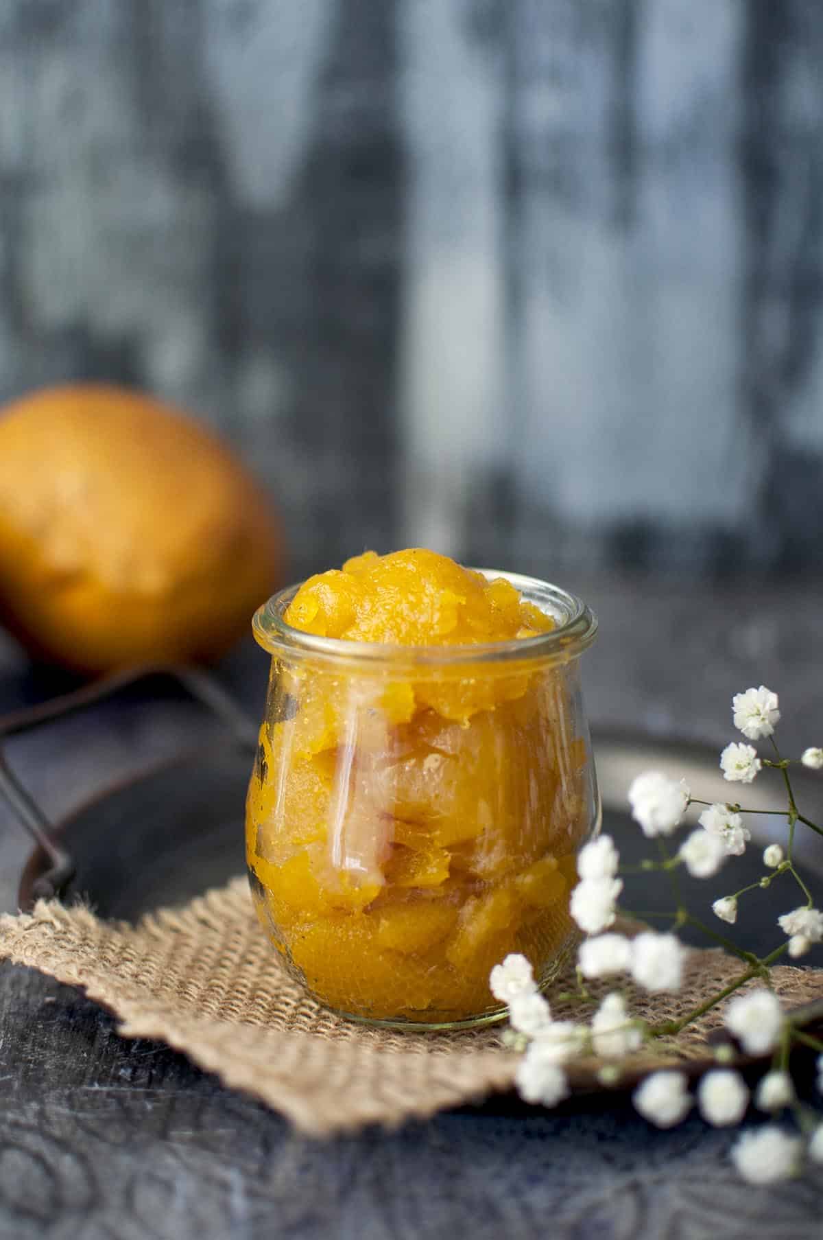 glass jar with tropical fruit preserves