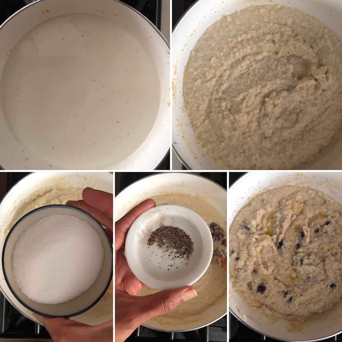 Step by step photos showing the addition of milk, sugar and cardamom