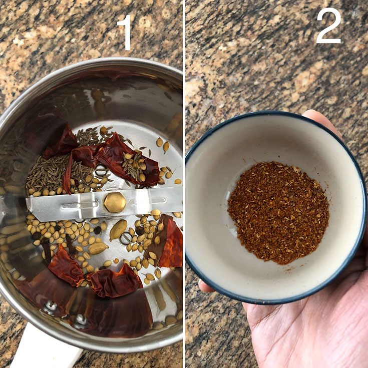 Blender with whole spices to make spice powder and a bowl with ground spices