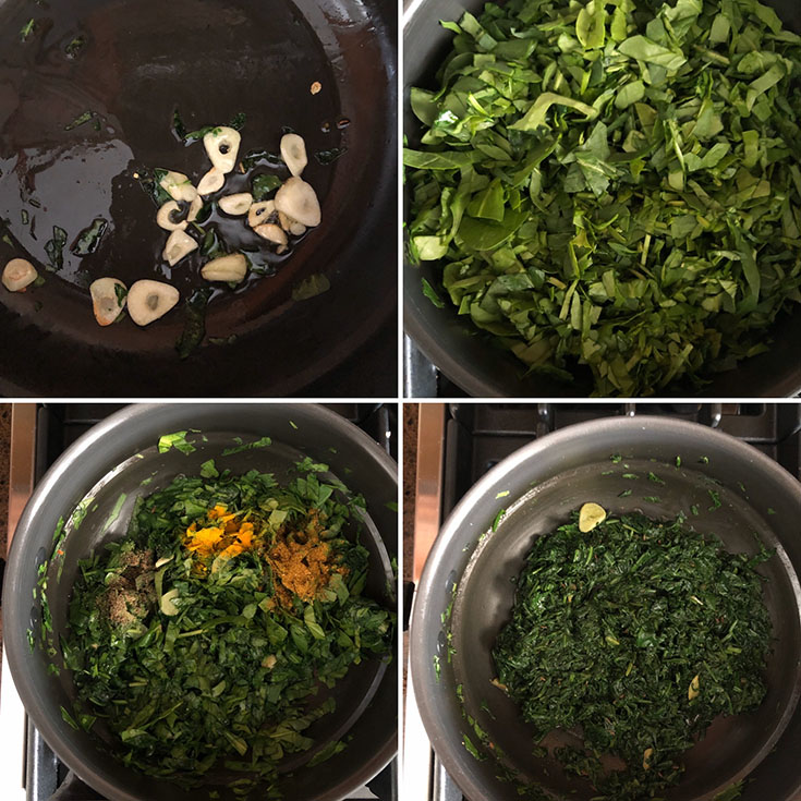 Step by step photos showing how to make sauteed greens