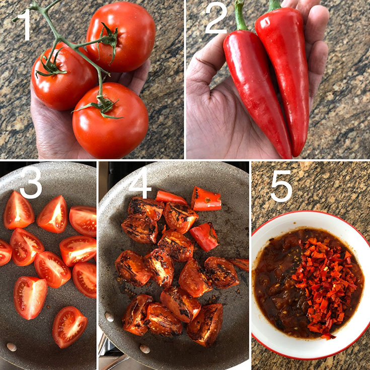 Photos showing fresh and roasted tomatoes and fresno chilis