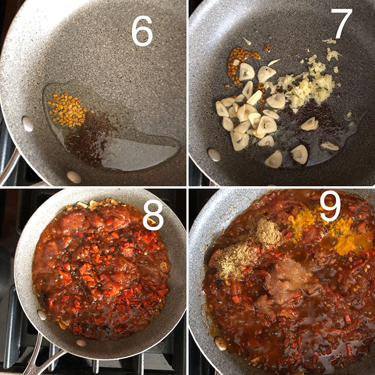 Step by step photos showing the making of tomato achar