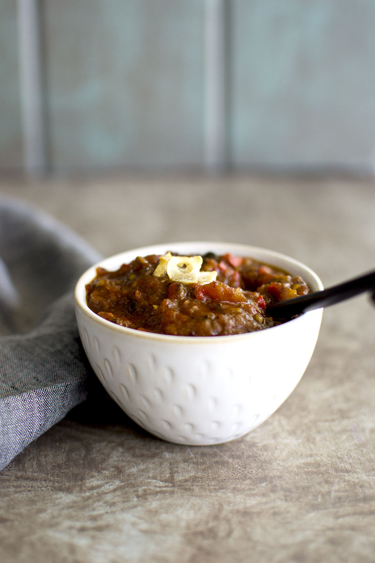 White bowl with Nepali tomato chutney