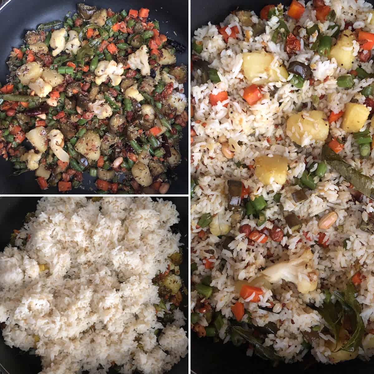 Step by step photos showing the addition of grated coconut and cooked rice to cooked veggies