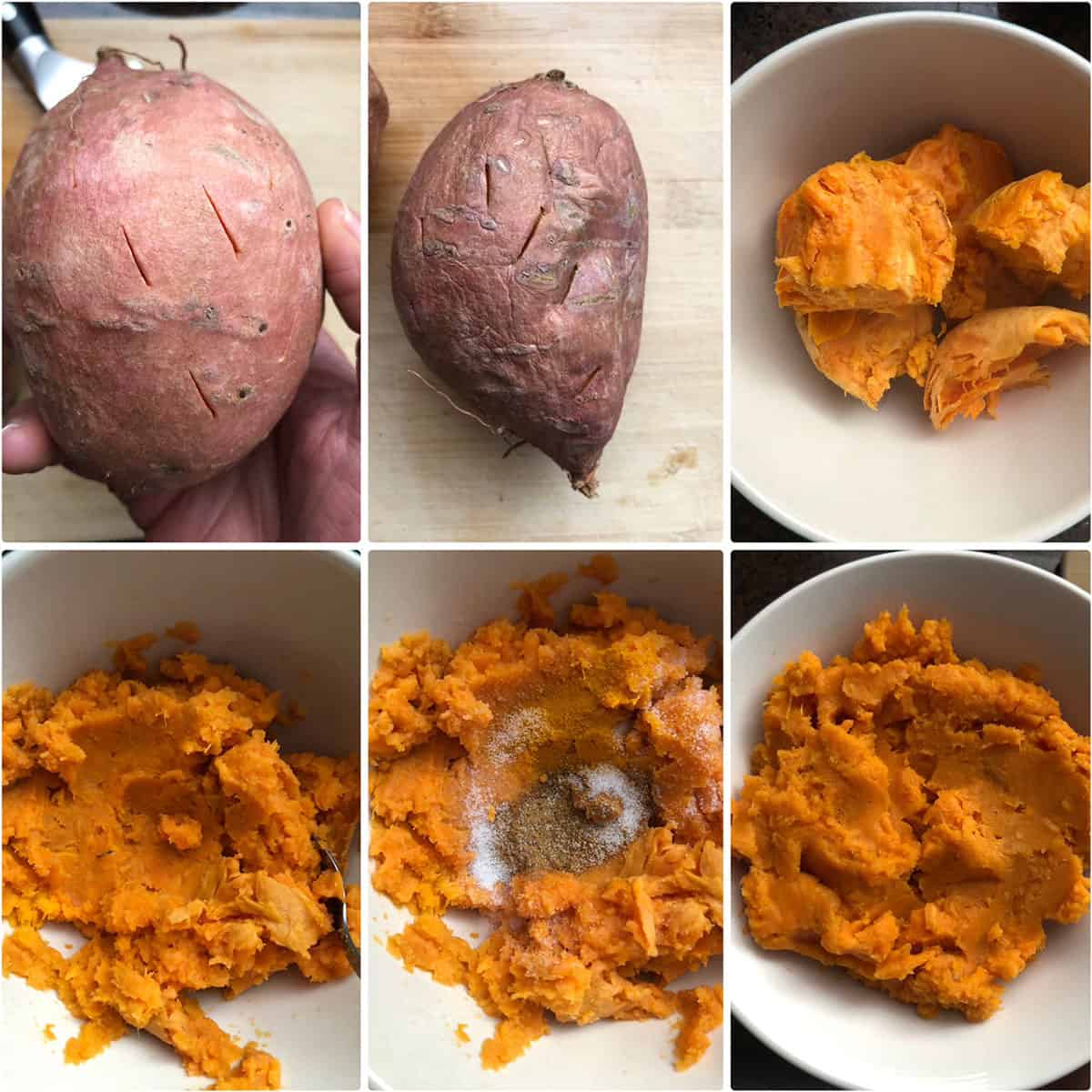 Step by step photos showing microwaved sweet potatoes, peeled and mashed with spices