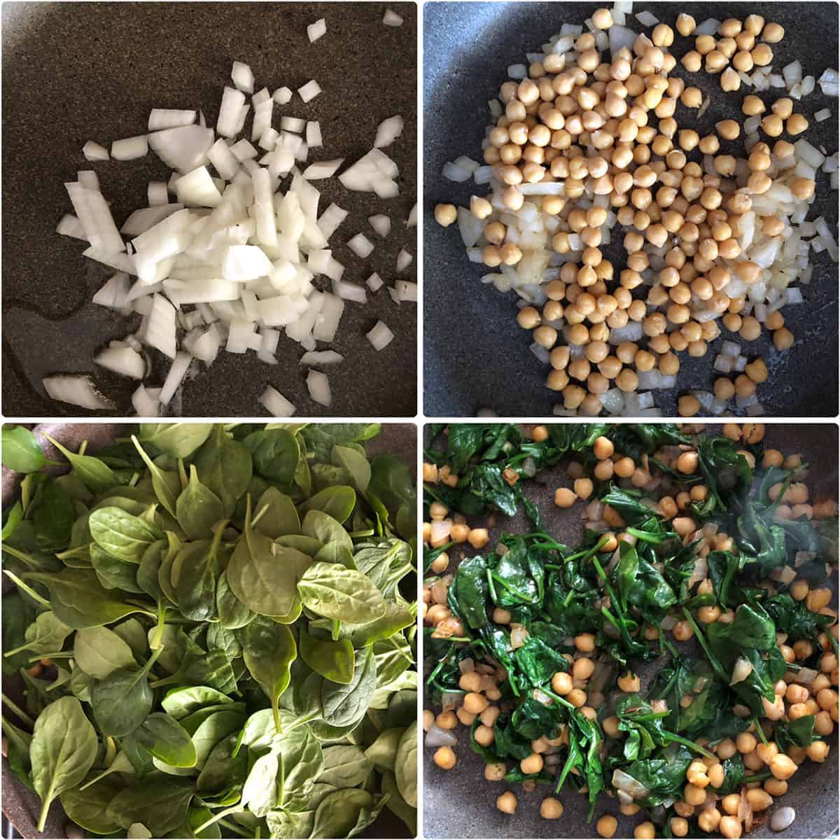 Step by step photos showing sautéed onions, chickpeas and spinach and cooked till wilted