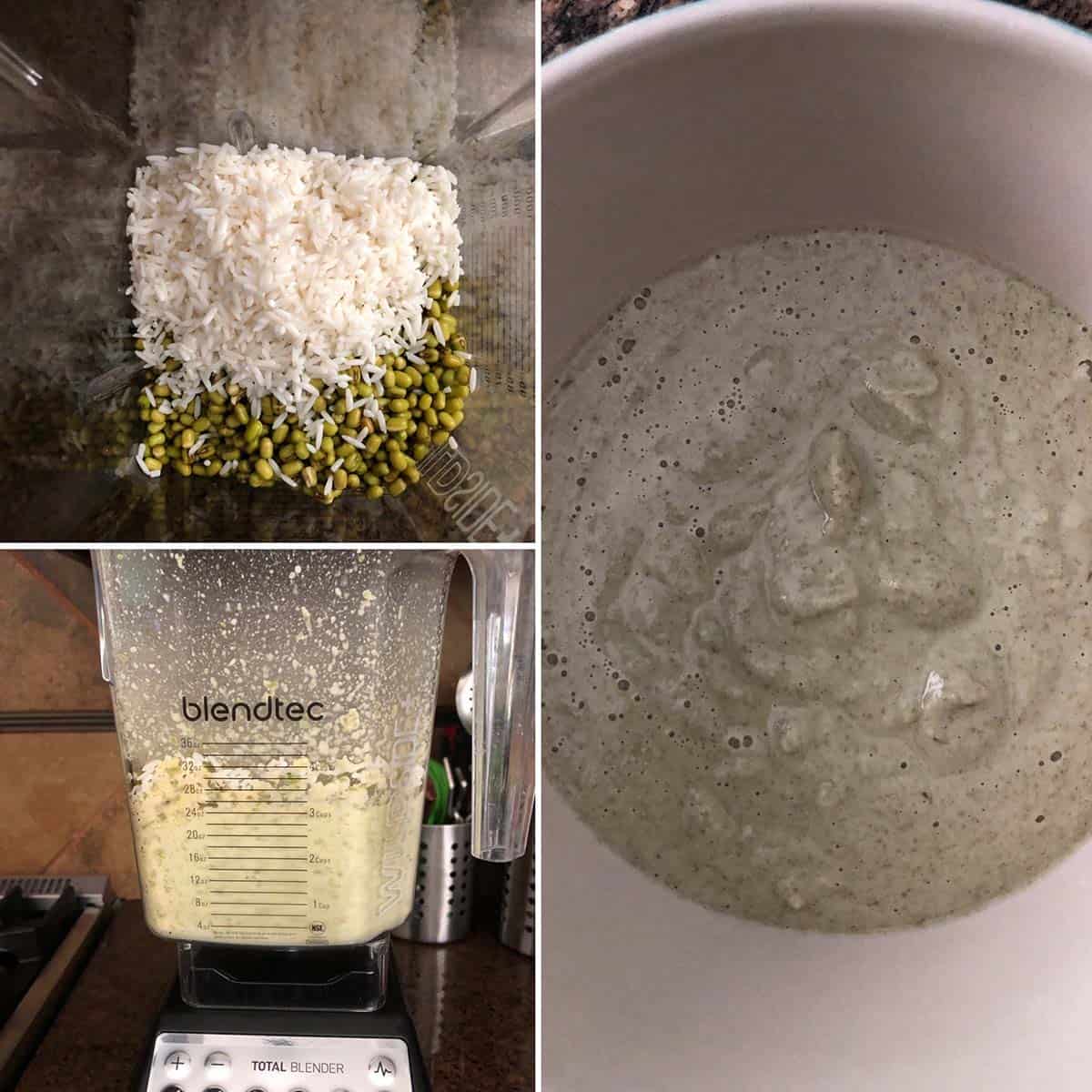 3 panel photo showing the blending of rice and lentils into a smooth paste.