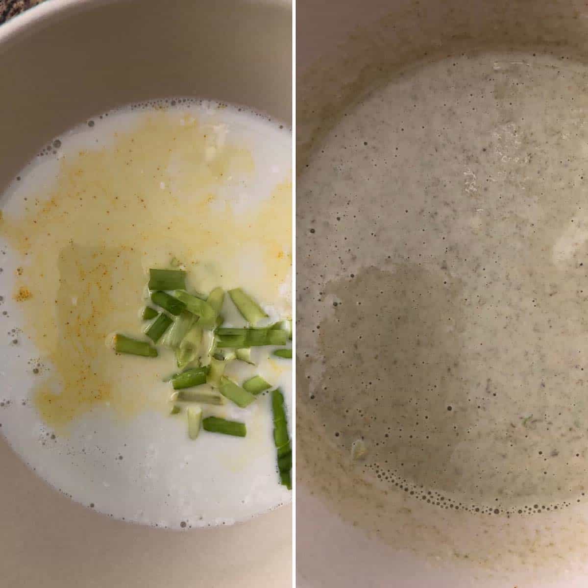 2 panel photo showing the addition of coconut milk and turmeric to make the batter.