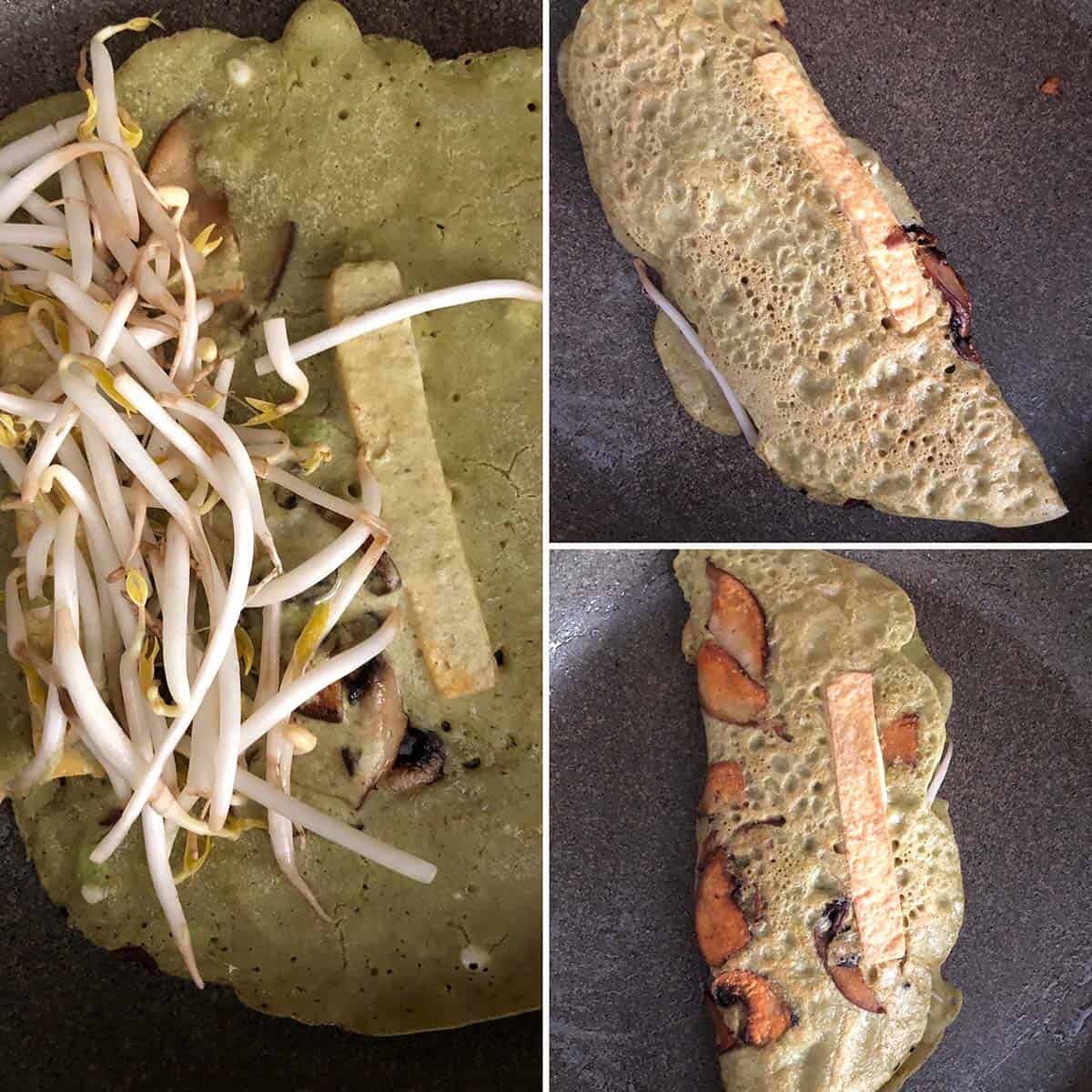 3 panel photo showing the addition of veggies in pancake.