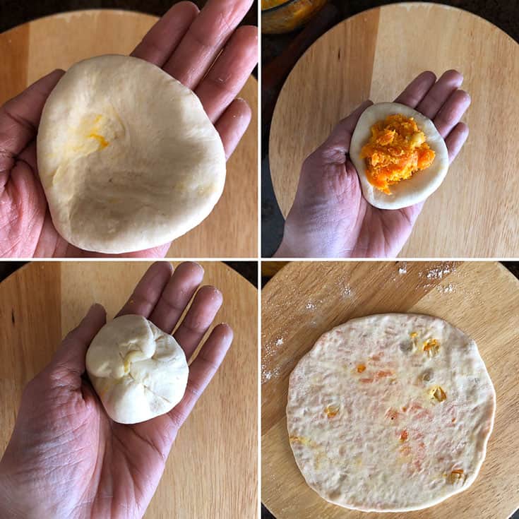 Step by step photos of 3" dough disk filled with carrot filling, covered and formed into a ball and then rolled out into a 6" round disc
