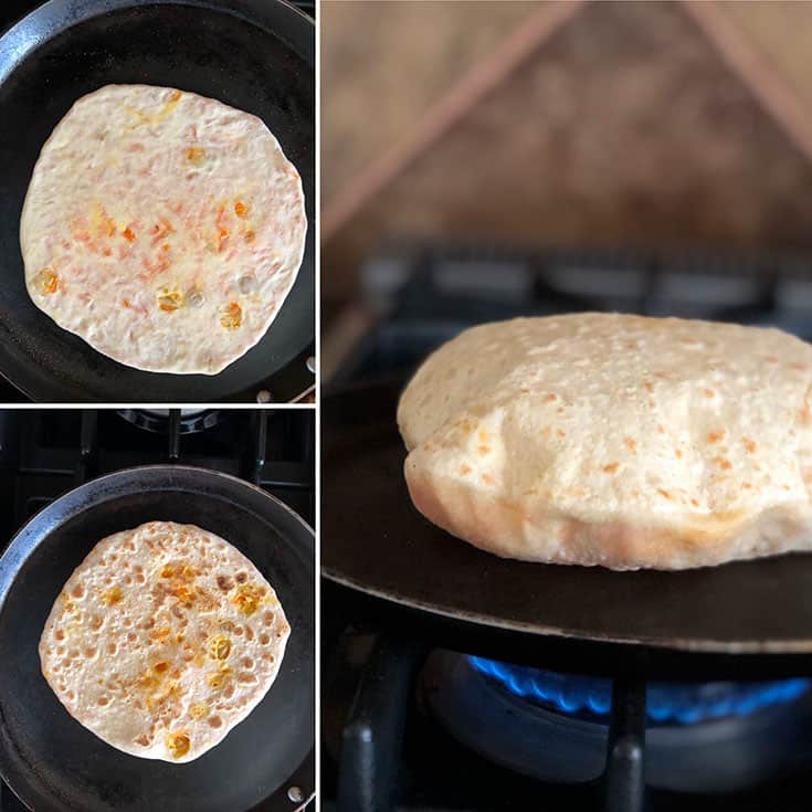 Step by step photos of cooking carrot poli and a puffed up flatbread