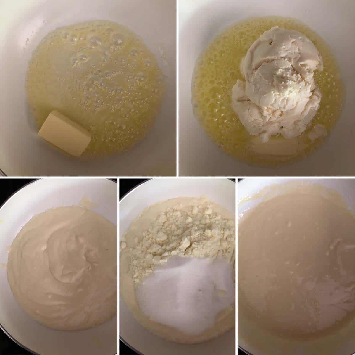 Step by step photos showing cooking butter with ricotta cheese, milk powder and sugar.