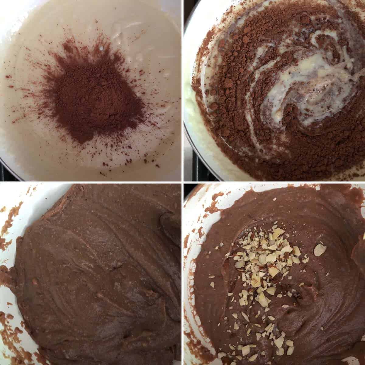 Step by step photos with the addition of cocoa powder and almonds to the milk mixture