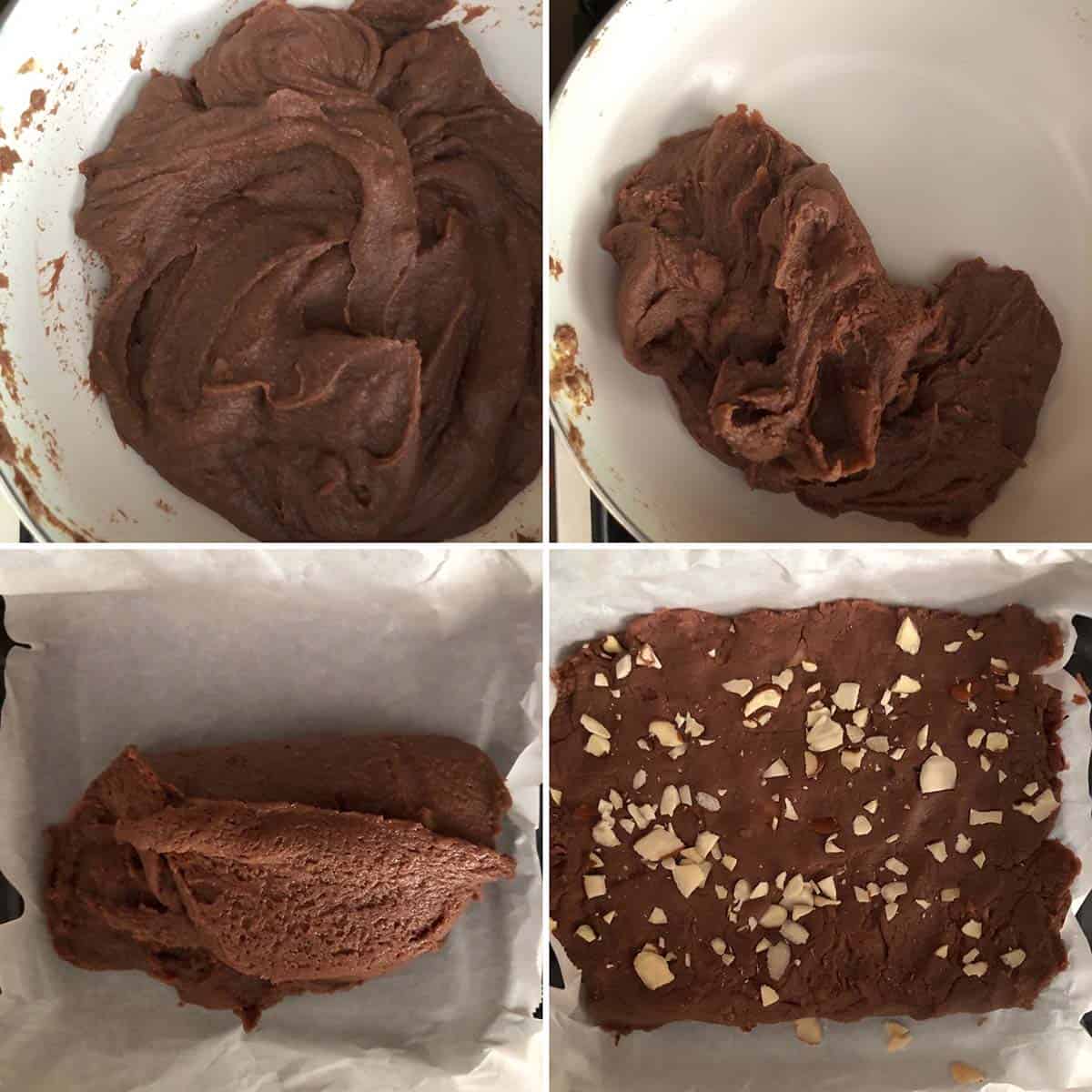 Step by step photos showing the cooking the chocolate fudge to the perfect texture.