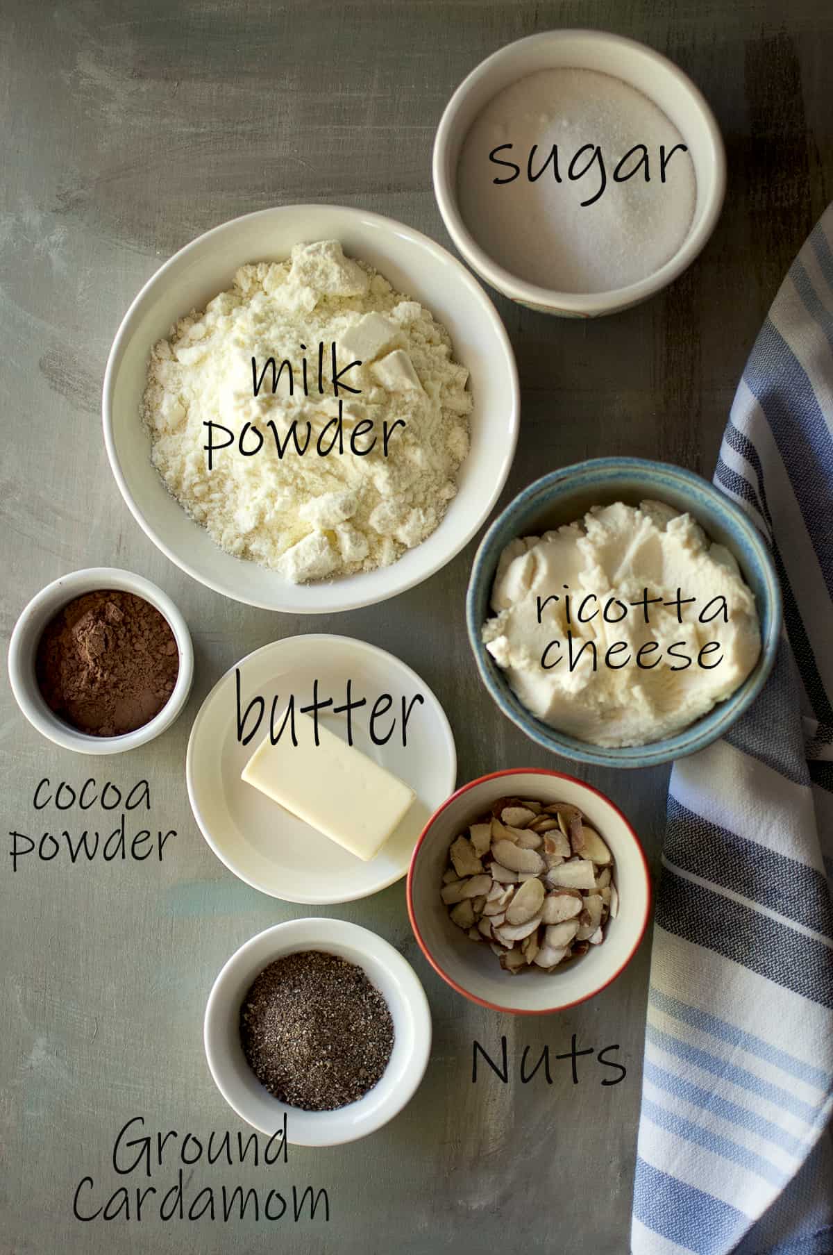 Ingredients needed - sugar, milk powder, ricotta cheese, butter, cocoa powder, unsalted butter, almonds, ground cardamom